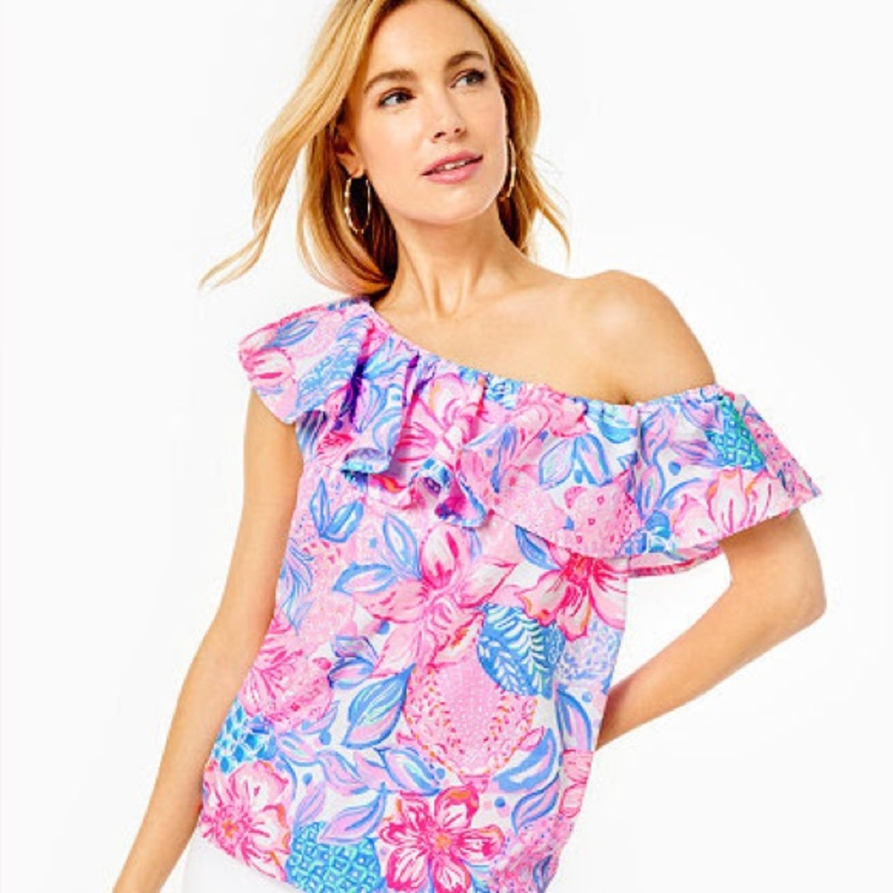 NWT Lilly Pulitzer Vibrant Pink and Blue Ruffle Blouse
